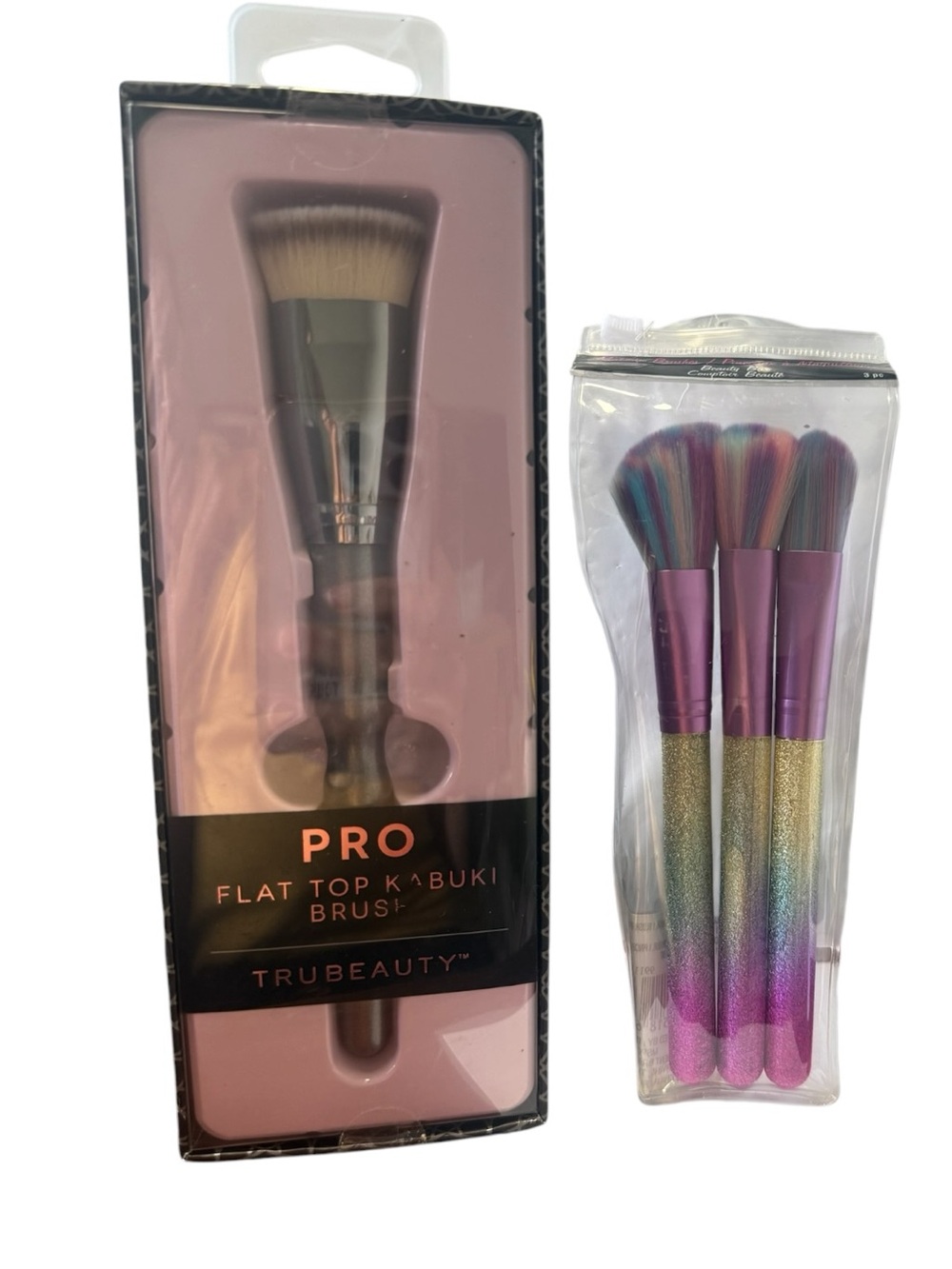 TruBeauty Pro Flat Top Kabuki Brush & Rainbow Brush Set - Pink